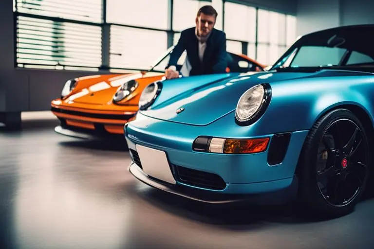 Image of a customer inspecting a Porsche with a sales representative