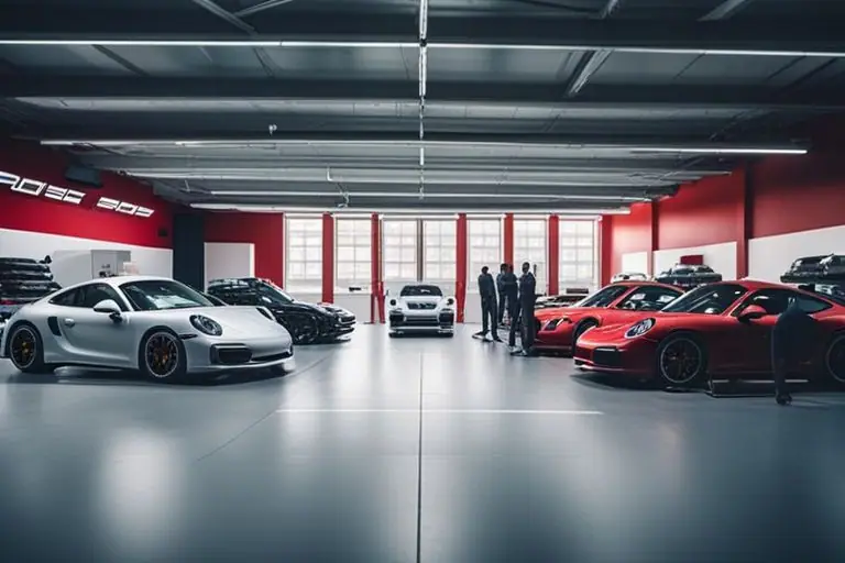 Image of a Porsche service center with technicians working on cars