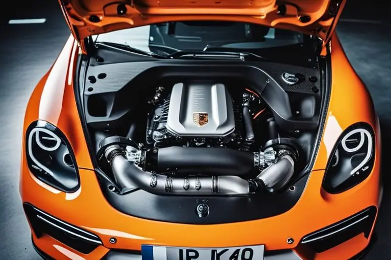 Close-up image of the engine of the Porsche 718 Cayman