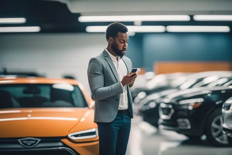 Image of a customer reviewing a dealership on their phone