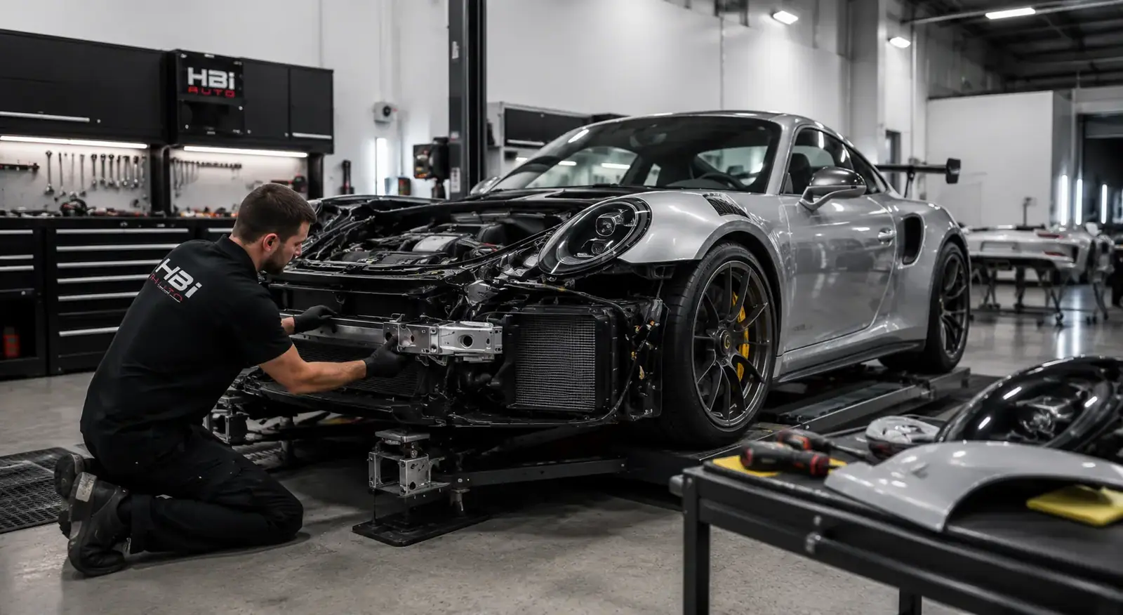 HBi Auto technician assembling a Porsche or exotic after body and paint repair