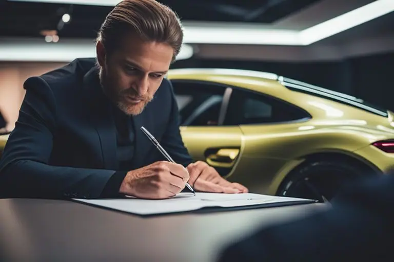 Image of a person signing paperwork with a Porsche salesperson