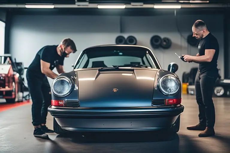 Image illustrating a technician performing maintenance on a Porsche 911 Carrera