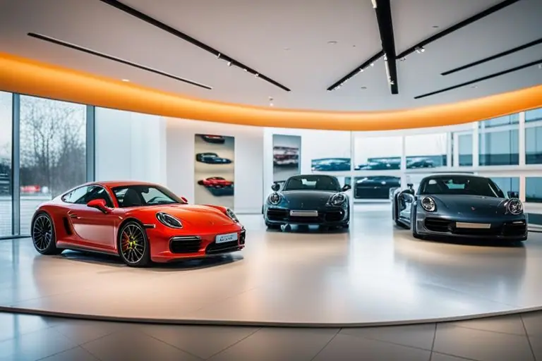 Image of a Porsche showroom with a variety of models on display